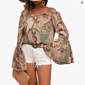 GORGLITTER Women's Off The Shoulder Bell Long Sleeve Top Allover Print Blouse